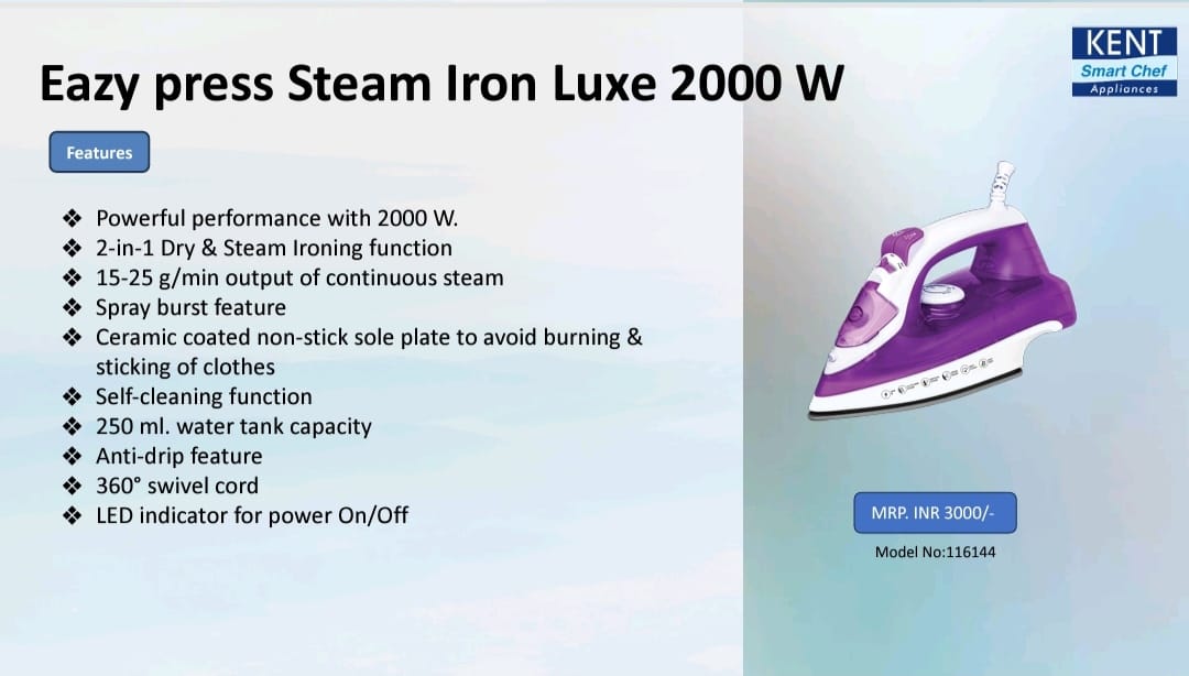 kent eazypress steam iron luxe  1250w